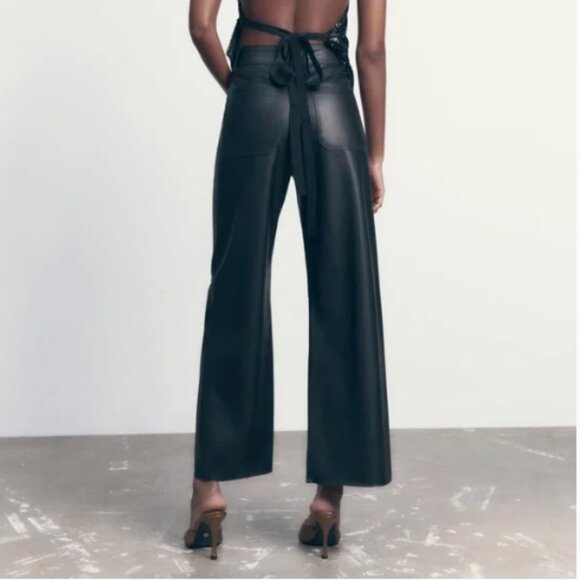 Zara Black Faux Leather Wide Leg Pants High Waist Office Party Holiday NEW  XS - Picture 4 of 15